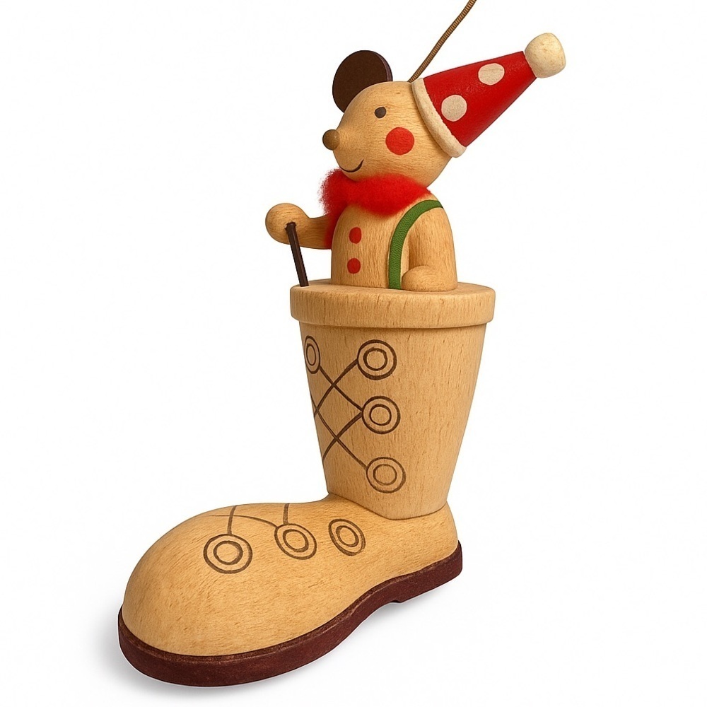 Wooden Mouse in Boot Christmas Ornament